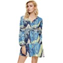 The Great Wave Of Kanagawa Painting Starry Night Van Gogh Tiered Long Sleeve Mini Dress View1