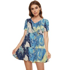 The Great Wave Of Kanagawa Painting Starry Night Van Gogh Tiered Short Sleeve Babydoll Dress by Sudheng