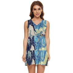 The Great Wave Of Kanagawa Painting Starry Night Van Gogh Tiered Sleeveless Mini Dress by Sudheng