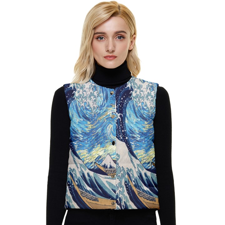 The Great Wave Of Kanagawa Painting Starry Night Van Gogh Women s Short Button Up Puffer Vest