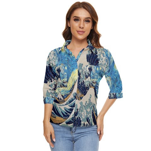 The Great Wave Of Kanagawa Painting Starry Night Van Gogh Women s Quarter Sleeve Pocket Shirt by Sudheng