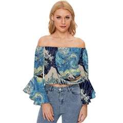 The Great Wave Of Kanagawa Painting Starry Night Van Gogh Off Shoulder Flutter Bell Sleeve Top by Sudheng