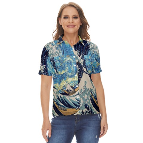 The Great Wave Of Kanagawa Painting Starry Night Van Gogh Women s Short Sleeve Double Pocket Shirt by Sudheng