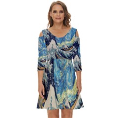 The Great Wave Of Kanagawa Painting Starry Night Van Gogh Shoulder Cut Out Zip Up Dress by Sudheng