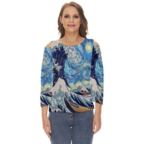 The Great Wave Of Kanagawa Painting Starry Night Van Gogh Cut Out Wide Sleeve Top by Sudheng