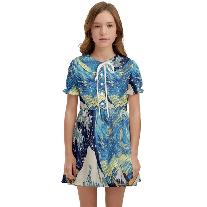 The Great Wave Of Kanagawa Painting Starry Night Van Gogh Kids  Sweet Collar Dress