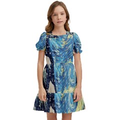 The Great Wave Of Kanagawa Painting Starry Night Van Gogh Kids  Puff Sleeved Dress by Sudheng