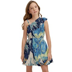 The Great Wave Of Kanagawa Painting Starry Night Van Gogh Kids  One Shoulder Party Dress