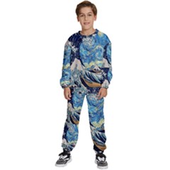 The Great Wave Of Kanagawa Painting Starry Night Van Gogh Kids  Sweatshirt Set by Sudheng