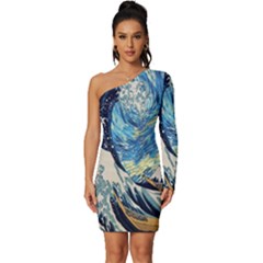 The Great Wave Of Kanagawa Painting Starry Night Van Gogh Long Sleeve One Shoulder Mini Dress by Sudheng