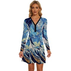 The Great Wave Of Kanagawa Painting Starry Night Van Gogh Long Sleeve Deep V Mini Dress  by Sudheng