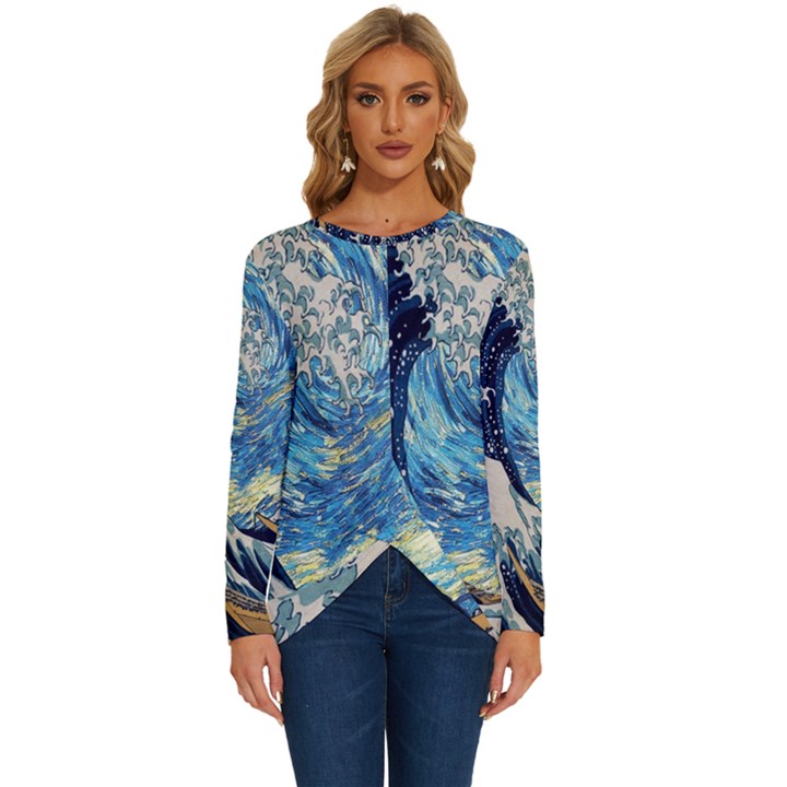 The Great Wave Of Kanagawa Painting Starry Night Van Gogh Long Sleeve Crew Neck Pullover Top