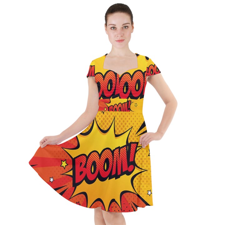 Explosion Boom Pop Art Style Cap Sleeve Midi Dress