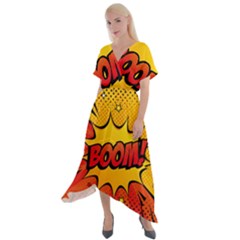 Explosion Boom Pop Art Style Cross Front Sharkbite Hem Maxi Dress by Sudheng