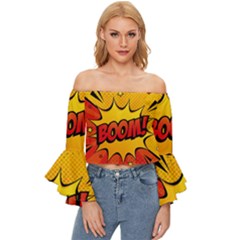 Explosion Boom Pop Art Style Off Shoulder Flutter Bell Sleeve Top by Sudheng