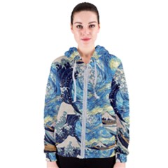 Starry Night Hokusai Van Gogh The Great Wave Off Kanagawa Women s Zipper Hoodie by Sudheng