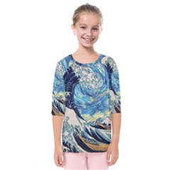 Starry Night Hokusai Van Gogh The Great Wave Off Kanagawa Kids  Quarter Sleeve Raglan Tee