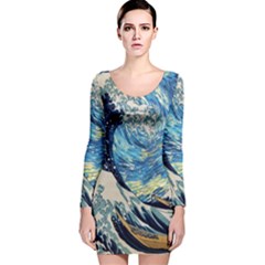 Starry Night Hokusai Van Gogh The Great Wave Off Kanagawa Long Sleeve Velvet Bodycon Dress