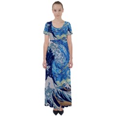 Starry Night Hokusai Van Gogh The Great Wave Off Kanagawa High Waist Short Sleeve Maxi Dress by Sudheng