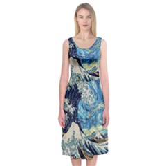 Starry Night Hokusai Van Gogh The Great Wave Off Kanagawa Midi Sleeveless Dress by Sudheng