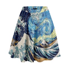 Starry Night Hokusai Van Gogh The Great Wave Off Kanagawa High Waist Skirt by Sudheng