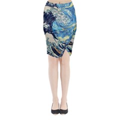 Starry Night Hokusai Van Gogh The Great Wave Off Kanagawa Midi Wrap Pencil Skirt by Sudheng