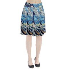 Starry Night Hokusai Van Gogh The Great Wave Off Kanagawa Pleated Skirt by Sudheng