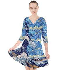 Starry Night Hokusai Van Gogh The Great Wave Off Kanagawa Quarter Sleeve Front Wrap Dress by Sudheng