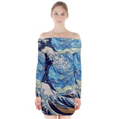 Starry Night Hokusai Van Gogh The Great Wave Off Kanagawa Long Sleeve Off Shoulder Dress