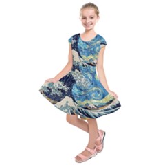 Starry Night Hokusai Van Gogh The Great Wave Off Kanagawa Kids  Short Sleeve Dress by Sudheng