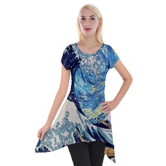 Starry Night Hokusai Van Gogh The Great Wave Off Kanagawa Short Sleeve Side Drop Tunic by Sudheng