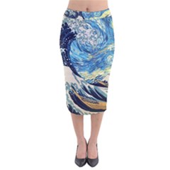 Starry Night Hokusai Van Gogh The Great Wave Off Kanagawa Velvet Midi Pencil Skirt by Sudheng