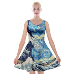 Starry Night Hokusai Van Gogh The Great Wave Off Kanagawa Velvet Skater Dress