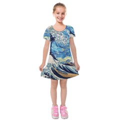 Starry Night Hokusai Van Gogh The Great Wave Off Kanagawa Kids  Short Sleeve Velvet Dress