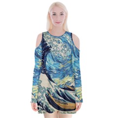 Starry Night Hokusai Van Gogh The Great Wave Off Kanagawa Velvet Long Sleeve Shoulder Cutout Dress