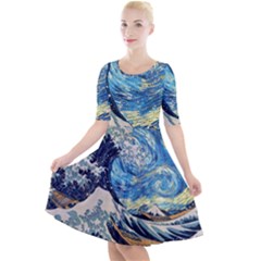 Starry Night Hokusai Van Gogh The Great Wave Off Kanagawa Quarter Sleeve A-line Dress by Sudheng