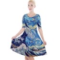 Starry Night Hokusai Van Gogh The Great Wave Off Kanagawa Quarter Sleeve A-Line Dress View1