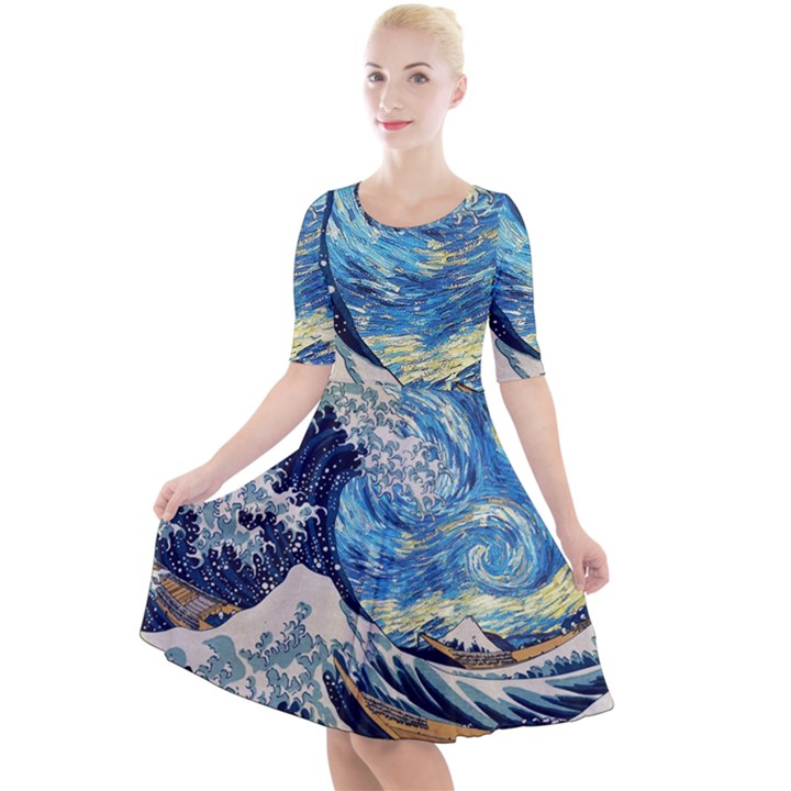 Starry Night Hokusai Van Gogh The Great Wave Off Kanagawa Quarter Sleeve A-Line Dress