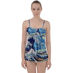 Starry Night Hokusai Van Gogh The Great Wave Off Kanagawa Babydoll Tankini Set by Sudheng