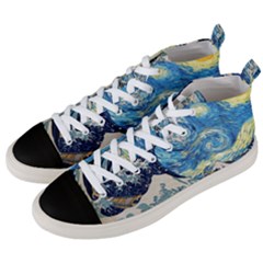 Starry Night Hokusai Van Gogh The Great Wave Off Kanagawa Men s Mid-top Canvas Sneakers by Sudheng