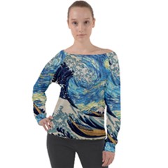 Starry Night Hokusai Van Gogh The Great Wave Off Kanagawa Off Shoulder Long Sleeve Velour Top by Sudheng