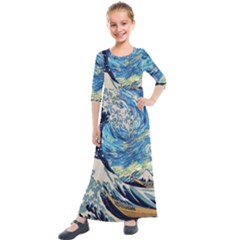 Starry Night Hokusai Van Gogh The Great Wave Off Kanagawa Kids  Quarter Sleeve Maxi Dress