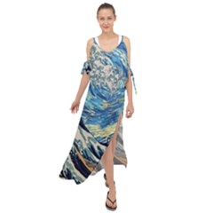 Starry Night Hokusai Van Gogh The Great Wave Off Kanagawa Maxi Chiffon Cover Up Dress