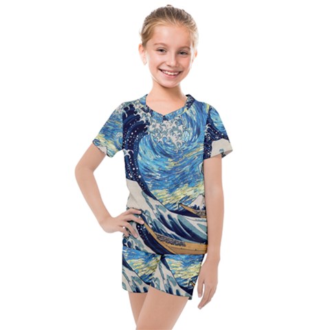 Starry Night Hokusai Van Gogh The Great Wave Off Kanagawa Kids  Mesh Tee And Shorts Set by Sudheng