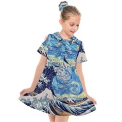 Starry Night Hokusai Van Gogh The Great Wave Off Kanagawa Kids  Short Sleeve Shirt Dress