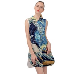 Starry Night Hokusai Van Gogh The Great Wave Off Kanagawa Sleeveless Shirt Dress