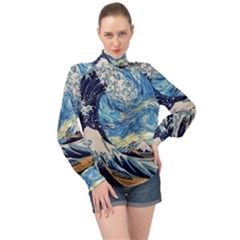 Starry Night Hokusai Van Gogh The Great Wave Off Kanagawa High Neck Long Sleeve Chiffon Top by Sudheng