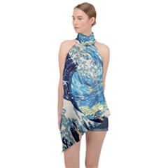 Starry Night Hokusai Van Gogh The Great Wave Off Kanagawa Halter Asymmetric Satin Top by Sudheng