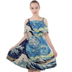 Starry Night Hokusai Van Gogh The Great Wave Off Kanagawa Cut Out Shoulders Chiffon Dress by Sudheng