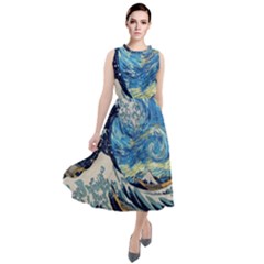 Starry Night Hokusai Van Gogh The Great Wave Off Kanagawa Round Neck Boho Dress by Sudheng